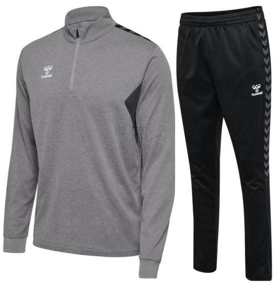 Męski dres treningowy Hummel Authentic – szara rozpinana bluza z czarnymi szewronami na rękawach i czarne spodnie dresowe.
