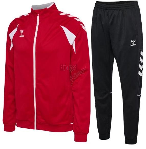 Męski dres treningowy Hummel Core 2.0 – czerwona bluza rozpinana na biały zamek z szewronami na ramionach i czarne spodnie dresowe.