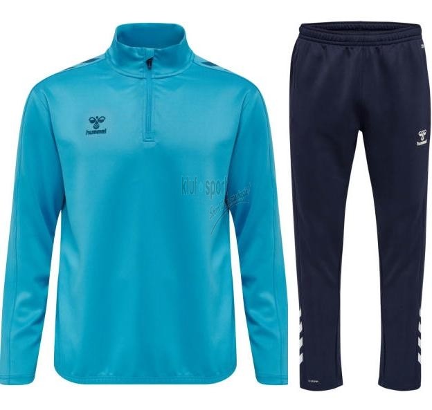 Męski dres treningowy Hummel Core XK – turkusowa bluza treningowa z krótkim zamkiem 1/4 zip oraz granatowe spodnie dresowe z białymi szewronami.