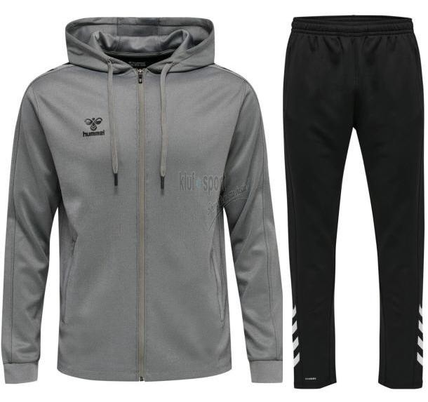 Męski dres treningowy Hummel Core XK – popielata bluza treningowa sweatshirt z czarnymi detalami oraz dopasowane czarne spodnie sportowe.
