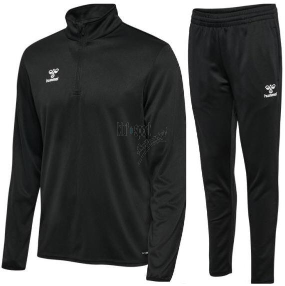 Męski dres treningowy Hummel Essential w kolorze czarnym – bluza z wysoką stójką i krótkim zamkiem 1/2 oraz techniczne spodnie sportowe.