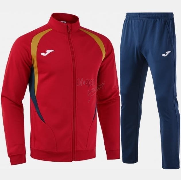 Męski dres treningowy Joma Champion 20 – czerwona bluza rozpinana z białymi detalami oraz granatowe spodnie dresowe.