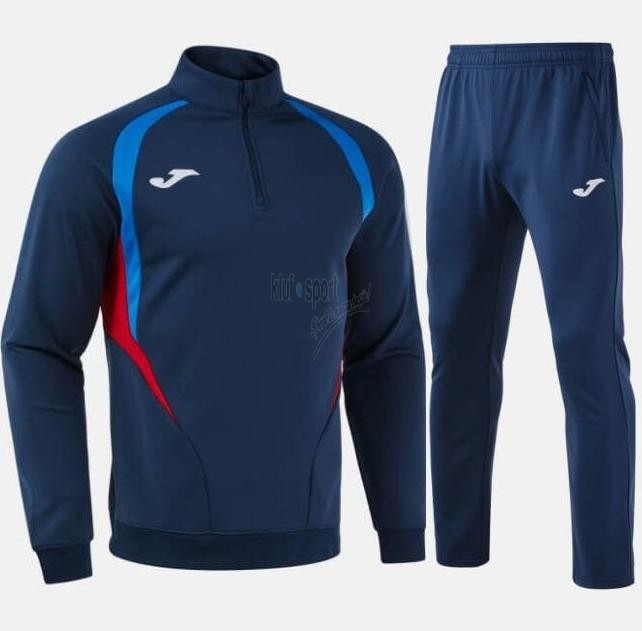 Męski dres treningowy Joma Champion 20 – granatowa bluza sportowa z białymi wstawkami oraz granatowe spodnie treningowe.