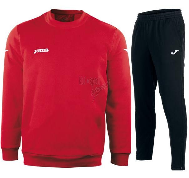 Męski dres treningowy Joma Cairo – czerwona bluza treningowa typu sweatshirt wkładana przez głowę oraz czarne spodnie dresowe z logo Joma.