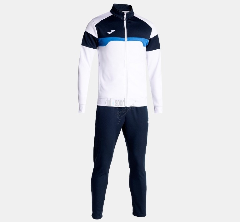Męski dres treningowy Joma Danubio III – biała bluza zapinana na zamek z granatowymi wstawkami na ramionach i granatowe spodnie dresowe.