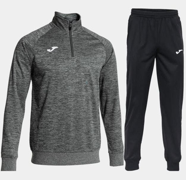 Męski dres treningowy Joma Faraon – popielata bluza melanż z krótkim zamkiem pod szyją oraz czarne spodnie dresowe z logo Joma.