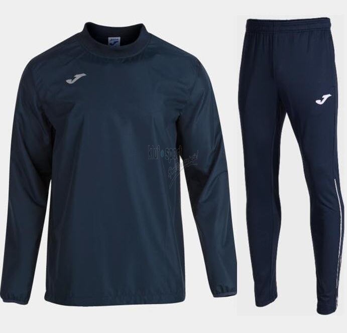 Męski dres treningowy Joma Contact – granatowa bluza treningowa wkładana przez głowę z białym logo i granatowe spodnie dresowe Joma.