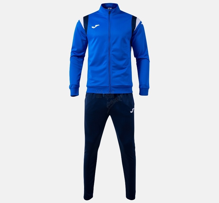 Męski dres treningowy Joma Terra – niebieska bluza zapinana na zamek z granatowymi panelami oraz dopasowane granatowe spodnie dresowe.