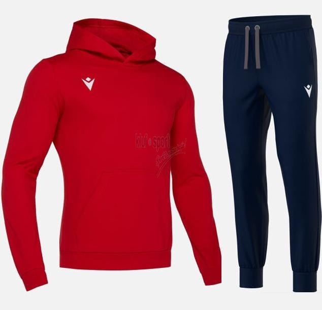 Czerwono-czarny męski dres sportowy Macron Banjo Hero z bluzą i dopasowanymi spodniami treningowymi.