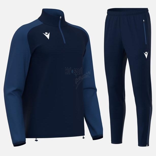 Męski dres treningowy Macron Isen – niebieska bluza z krótkim zamkiem pod szyją i granatowe spodnie sportowe typu slim.