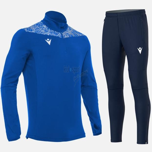 Niebiesko-czarny męski dres treningowy Macron Tiber z bluzą 1/4 zip i białym logo na piersi.