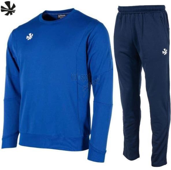 Męski dres treningowy Reece Australia Cleve – niebieska bluza typu sweatshirt z okrągłym dekoltem oraz dopasowane granatowe spodnie dresowe z białym logo.