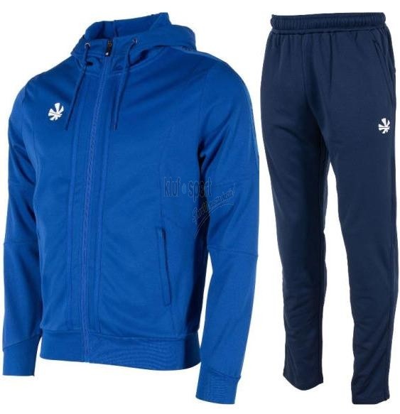 Męski dres treningowy Reece Australia Cleve – niebieska bluza z kapturem zapinana na zamek i granatowe dopasowane spodnie sportowe.