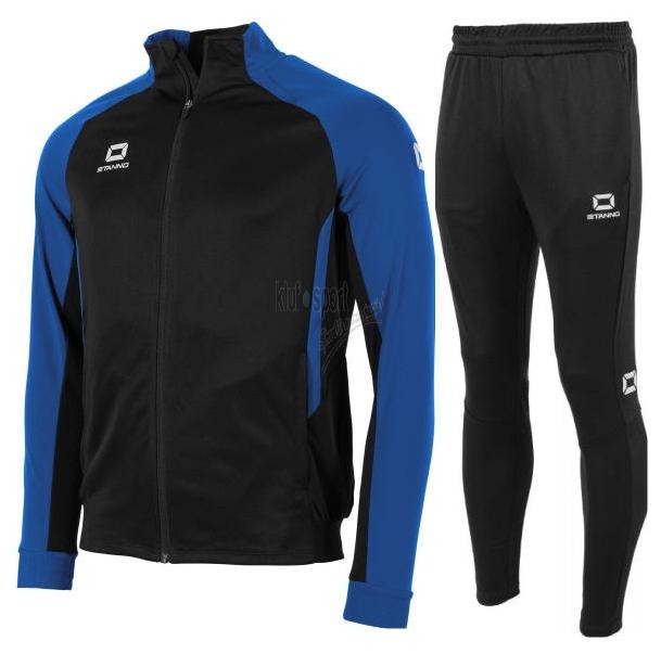 Męski dres treningowy Stanno Stadio – czarna bluza rozpinana z niebieskimi rękawami typu raglan oraz dopasowane czarne spodnie treningowe z logo marki.