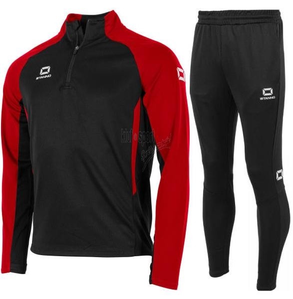 Męski dres treningowy Stanno Stadio – czarna bluza rozpinana ze stójką i czerwonymi rękawami oraz dopasowane czarne spodnie dresowe z białym logo.