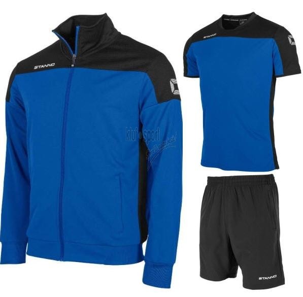 Trzyelementowy męski komplet sportowy Stanno Pride – niebieska bluza rozpinana Full Zip, niebieska koszulka techniczna ClimaTec oraz czarne spodenki treningowe.