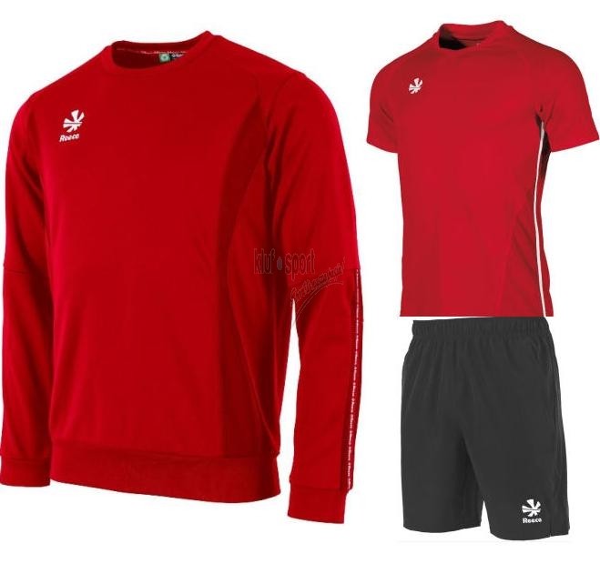 Męski komplet sportowy Reece Australia – czerwona bluza treningowa Shift typu top, czerwona koszulka meczowa Rise oraz czarne spodenki sportowe Major.