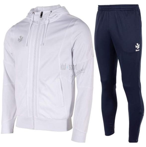 Męski biało-granatowy dres treningowy Reece Australia Cleve – biała bluza z kapturem i granatowe spodnie sportowe.
