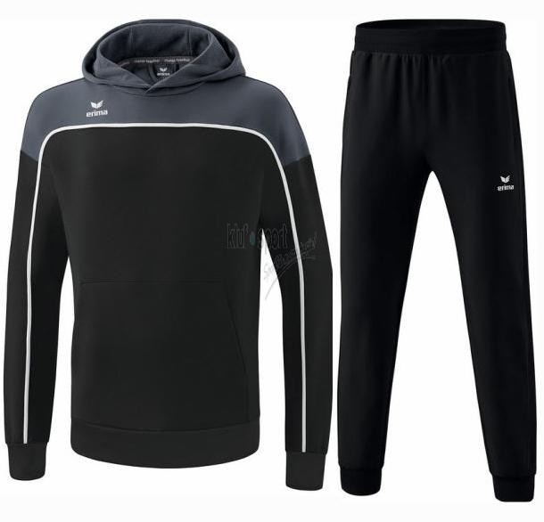 Męski dres sportowy Erima Change – czarna bluza z kapturem i szarymi detalami wykonana z poliestru z recyklingu oraz czarne spodnie reprezentacyjne.