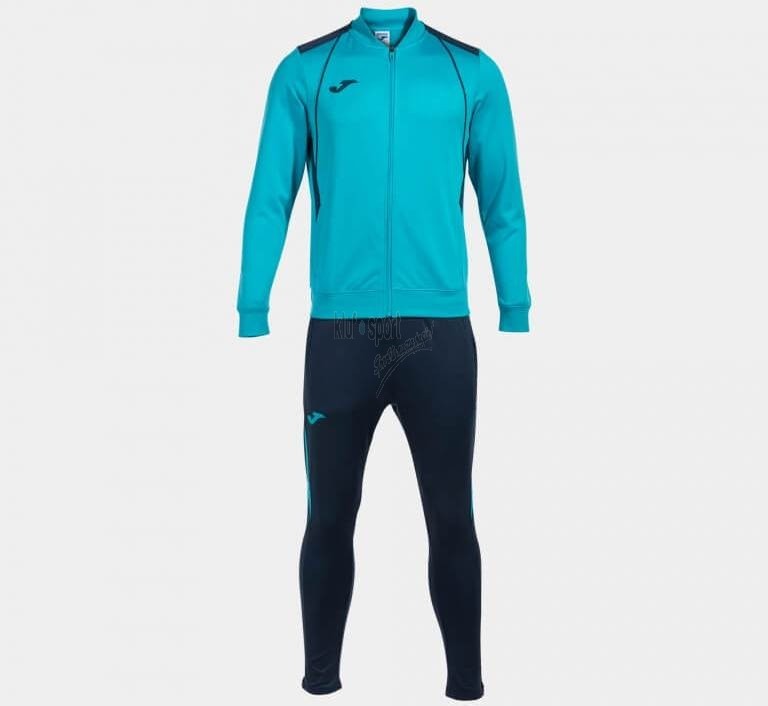 Męski dres treningowy Joma Champion VII – turkusowa bluza zapinana na pełny zamek z czarnymi detalami oraz granatowe spodnie treningowe z logo Joma.