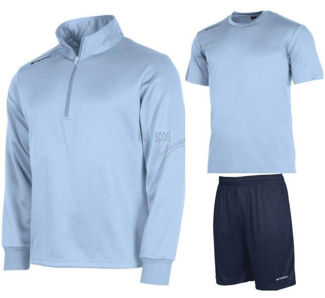Męski komplet treningowy Stanno Field – błękitna bluza z krótkim zamkiem pod szyją, błękitna koszulka meczowa i granatowe spodenki sportowe.