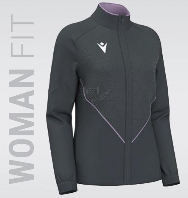Damska bluza sportowa Macron Artemis Thunder – antracytowy model z fioletowymi lamówkami, geometryczną grafiką na piersi i białym logo Macron Hero.
