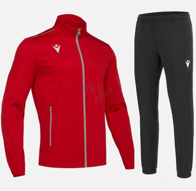 Męski dres treningowy Macron Nemesis – czerwona bluza rozpinana na zamek z białą lamówką i czarne spodnie sportowe.