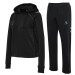 Damski czarny dres sportowy Hummel Move 2.0 – rozpinana bluza z kapturem oraz spodnie dresowe z szarymi szewronami na nogawce.