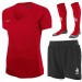 Damski komplet meczowy Reece Australia Shift – czerwona koszulka sportowa, czarne spodenki treningowe Major oraz czerwone getry meczowe Springs.