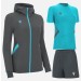 Damski komplet treningowy Macron Bastet – antracytowa bluza sportowa z kapturem i turkusowymi detalami, turkusowa koszulka treningowa oraz antracytowe spodenki.
