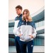 Męski dres tenisowy Erreà – biała bluza Billy z granatowo-turkusowym wzorem na ramionach oraz granatowe spodnie sportowe Virgo.