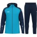 Męski dres sportowy JAKO – turkusowa bluza z kapturem Sonic z granatowymi grafikami na rękawach oraz granatowe spodnie dresowe Dynamic.