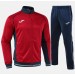 Męski dres treningowy Joma Eco-Retro – czerwona bluza zapinana na zamek z granatowymi detalami oraz granatowe spodnie dresowe z logo Joma.