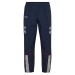 Granatowe męskie spodnie dresowe hummel World 26 z szarymi panelami u dołu nogawek i białymi szewronami na bokach.