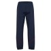 Granatowe męskie spodnie dresowe hummel World 26 z szarymi panelami u dołu nogawek i białymi szewronami na bokach.
